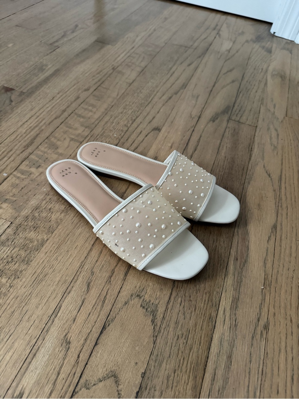 Beige Pearl-Embellished Slide Sandals - Women
